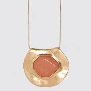 ZARA Long Coral Stone Necklace 70s Retro Modernist Gold tone Setting #1856/034
